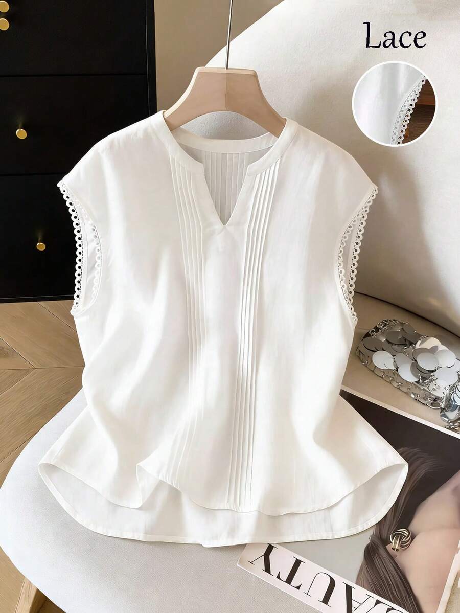 Franclia Áo kiểu nữ dáng rộng cổ chữ V phối ren hoa. - trắng - Xem 1