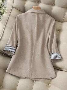 SHEIN PETITE 女士休闲通勤条纹袖口西装外套 - 卡其色 - 查看 2
