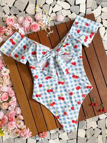 Swim Mod Traje de baño de una pieza con volantes, estampado de cerezas y cuadros, dulce, para vacaciones de verano - Multicolor - Ver 2