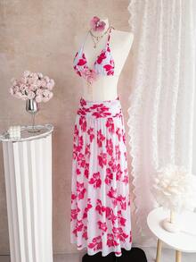 SHEIN Glamour 3件套春假随机印花露背性感优雅比基尼套装，配3D立体花卉配饰和长款网纱沙滩裙，女士泳装 - 彩色 - 查看 5