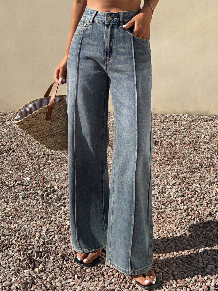 DAZY Quần jeans denim nữ dáng rộng, chất liệu denim mài, thích hợp cho mùa xuân và hè. - Màu xanh lam - Xem 1