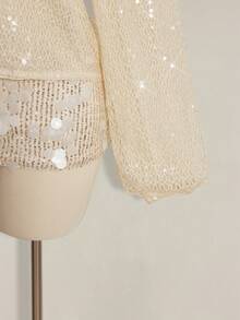 SHEIN ICON Y2K 女士沙滩度假外出 Coachella 俱乐部沙滩装串珠宽松镂空长袖衬衫，夏季 - 杏色 - 查看 5