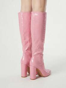 ROMWE Kawaii Botas clásicas con cremallera lateral con estampado de cocodrilo minimalista para otoño/invierno, botas de mujer de moda color rosa, para fiesta - Rosa - Ver 3