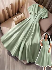 GlowEve CURVE 大码女士优雅短袖纽扣装饰腰部A字连衣裙，适合夏季通勤、办公、毕业典礼、假期、情人节、音乐节、母亲节、万圣节、感恩节、复活节、国庆节、舞会、约会、派对、婚礼、户外活动等场合。 - 綠色 - 查看 1