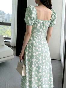 INAWLY 女士碎花方领优雅连衣裙 - 綠色 - 查看 3