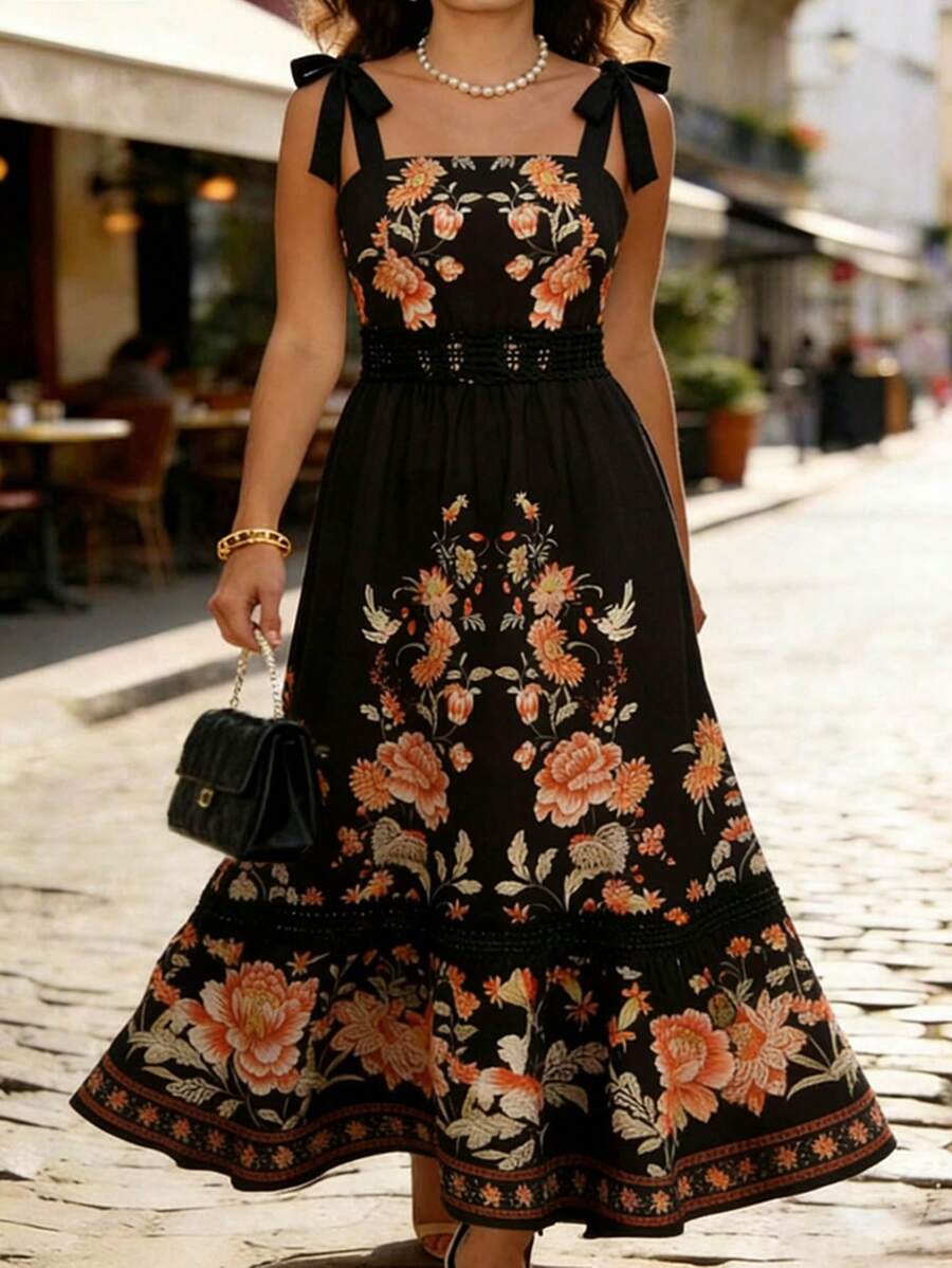 Breezaya 大码梭织印花优雅夏季度假连衣裙 - 黑色 - 查看 1