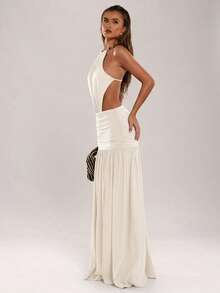 SHEIN BAE 女士休闲度假纯色串珠装饰露背吊带连衣裙，适合海滩度假、旅行、波西米亚风度假，绿色连衣裙，优雅性感连衣裙 - 杏色 - 查看 4