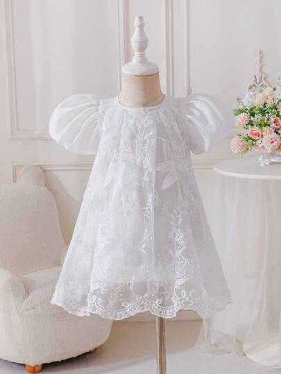 SHEIN Glamorique Kids Baby Girls' Elegant Puff Sleeve White Lace Peplum Dress, Lovely Formal Dress