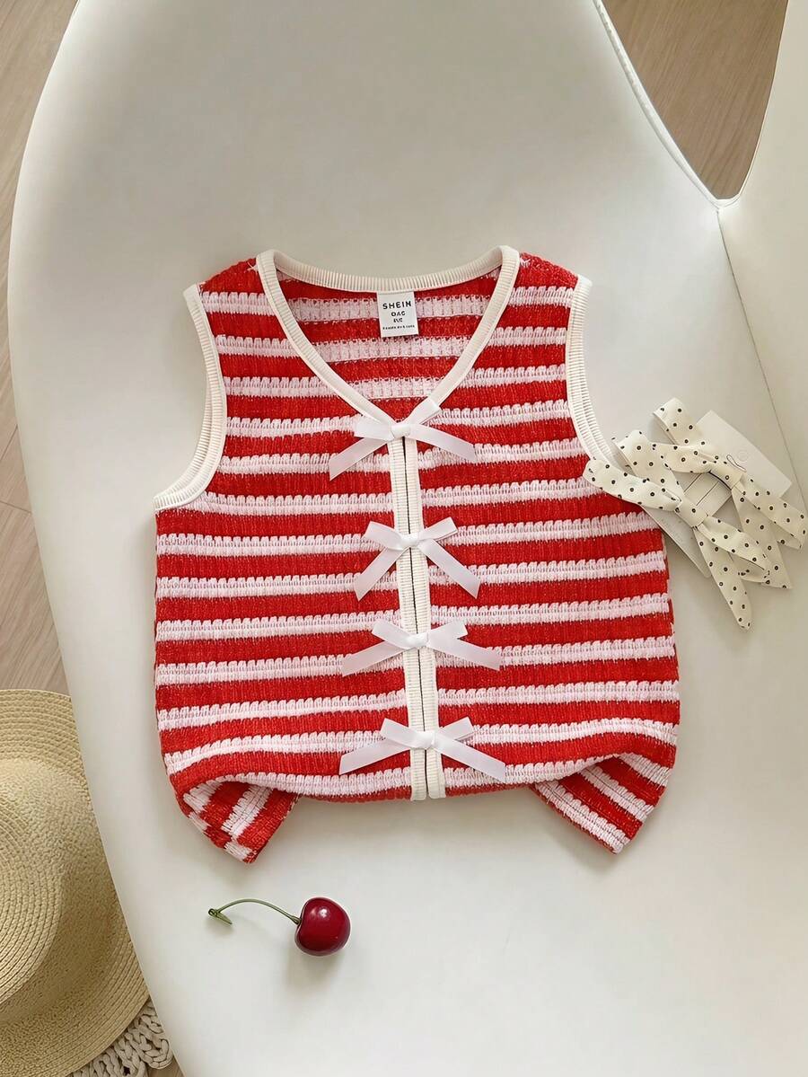 SHEIN Young Girl Striped V-Neck Bow Decor Casual Camisole Girls Top Striped Top Young Girls Top Red Striped Top - Multicolor - View 1