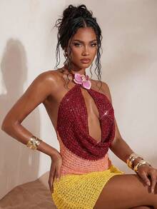 Opulessa Summer Beach Vacation Sexy Elegant Mermaid Women's Sexy Backless Sequin Draped Neck Fitted Knit Dress, Suitable For Beach Vacation, Summer - Multicolor - View 7