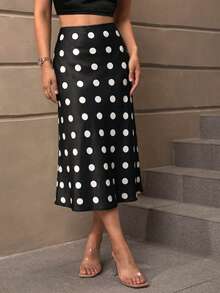 SHEIN BAE Falda elegante de talle alto con estampado de lunares y cola de pez, para verano de mujer - Negro - Ver 3