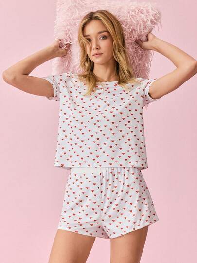 2件套女士优雅圆领爱心印花短袖上衣和短裤睡衣套装