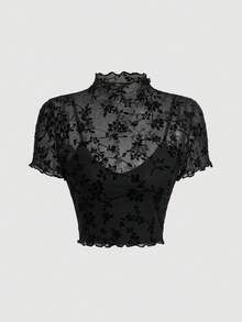 SHEIN MOD Camiseta de cuello alto de malla de terciopelo talla grande, para el invierno - Negro - Ver 1