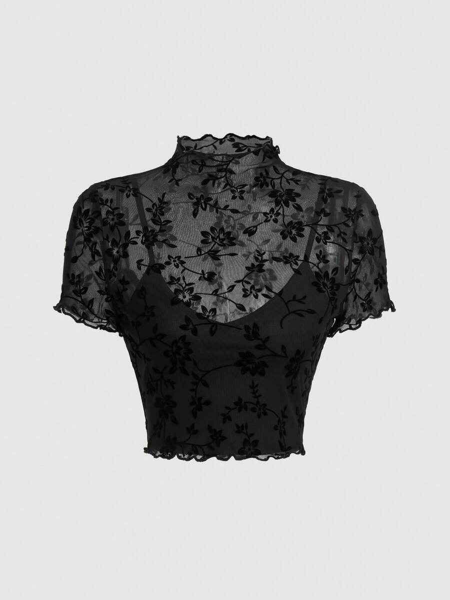 SHEIN MOD Camiseta de cuello alto de malla de terciopelo talla grande, para el invierno - Negro - Ver 1