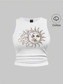Fairycore Hippie Sleeveless Summer Sun Moon Star Print Plus Size Women Tank Top - White - View 5