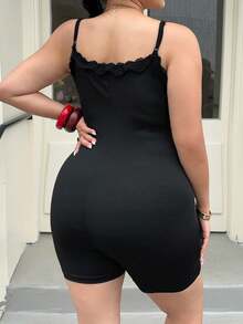 Muchica Rompi Camisole Wanita Ukuran Besar Warna Polos dengan Hiasan Pita dan Renda Kontras, Warna Cokelat untuk Olahraga Musim Panas - Hitam - View 3