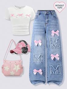 Quần jeans ống rộng denim vintage cho bé gái tuổi teen, thêu chữ cái và nơ, thời trang đa năng, ngọt ngào và cá tính, phong cách đường phố học đường cổ điển, màu xanh lam bạc màu, thêu chữ "M" độc đáo, cạp chun co giãn và khóa kéo, tiện lợi khi mặc, phù hợp cho sinh hoạt hàng ngày, đi học, đi chơi và chụp ảnh, nổi bật giữa đám đông! - Rửa nhẹ - Xem 1