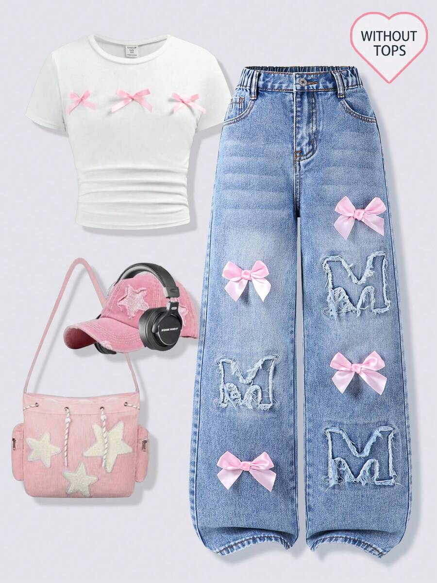 Quần jeans ống rộng denim vintage cho bé gái tuổi teen, thêu chữ cái và nơ, thời trang đa năng, ngọt ngào và cá tính, phong cách đường phố học đường cổ điển, màu xanh lam bạc màu, thêu chữ "M" độc đáo, cạp chun co giãn và khóa kéo, tiện lợi khi mặc, phù hợp cho sinh hoạt hàng ngày, đi học, đi chơi và chụp ảnh, nổi bật giữa đám đông! - Rửa nhẹ - Xem 1