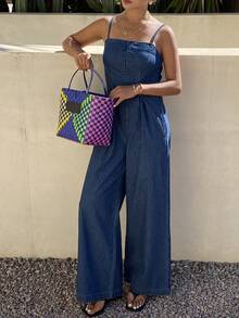 DAZY Women's Casual Striped Spaghetti Strap Wide Leg Denim Jumpsuit, Summer - Medium Wash - View 7