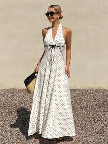 Livesso 春夏白色吊带露背连衣裙，波点印花撞色设计，适合情人节、派对、婚礼、音乐节、休闲、海滩等场合，优雅别致，V领收腰中长连衣裙，波西米亚风情。 - 白色 - 查看 5