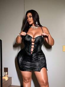 NU&NOW Plus-Size Sexy Snakeskin Pattern Fabric Black Strapless Mini Dress With Eyelet And Rope Lacing Design On The Chest; Party Outfit; Sexy Girl Outfit. - Black - View 1