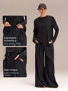GLOWMODE X Reem Modest 1PC All-Day Ease Cooling Quick-Dry Sun Protection Adjustable Drawstring Waist Slip Pockets Wide-Leg Pants Training Running Workout Gym Daily - Black - View 4