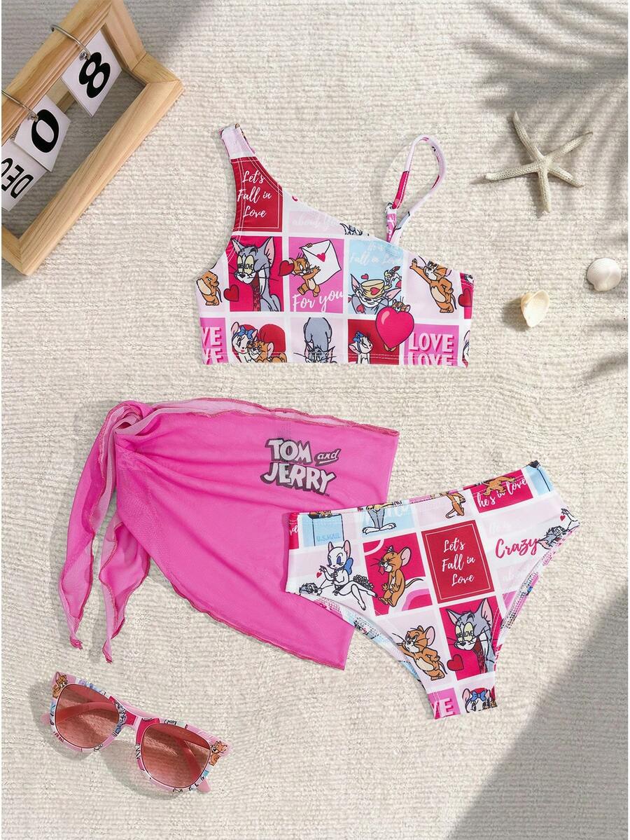 TOM & JERRY X SHEIN Bộ 3 món đồ bơi kiểu dáng thường ngày dễ thương dành cho bé gái. - Nhiều màu - Xem 1