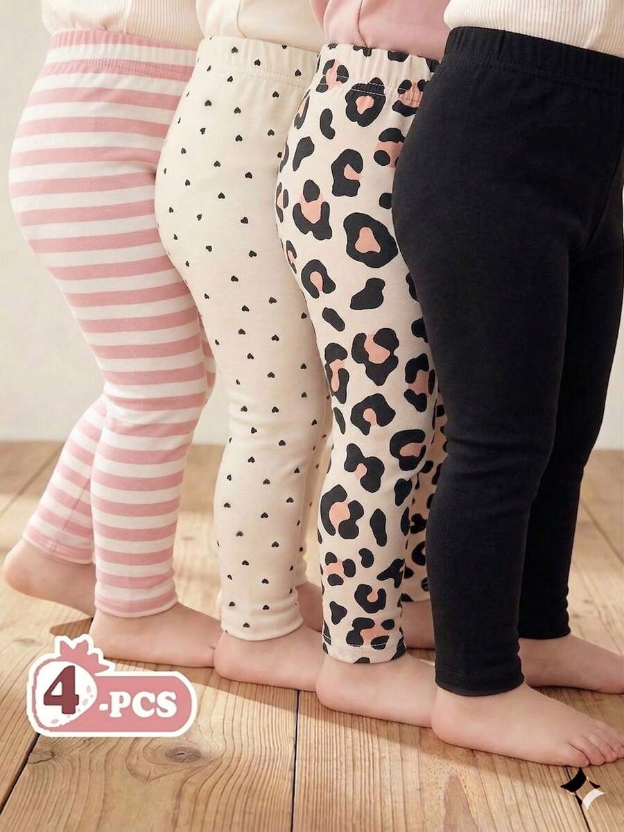 Vintaside Kids 4条装女婴休闲百搭柔软条纹、豹纹、爱心和纯黑色打底裤,性价比高,适合春夏室内外休闲玩耍,田园简约甜美可爱百搭打底裤,春夏或四季皆宜。 - 彩色 - 查看 1