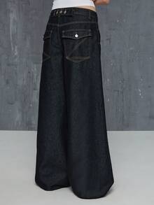 COUREZ Quần jeans skater cạp thấp có dây điều chỉnh phía sau, màu wash/y2k, trang phục mùa hè cho nữ, quần jeans đen, quần jeans rộng, trang phục lễ hội, trang phục đi xem hòa nhạc, trang phục mùa xuân cho nữ. - màu đen - Xem 3