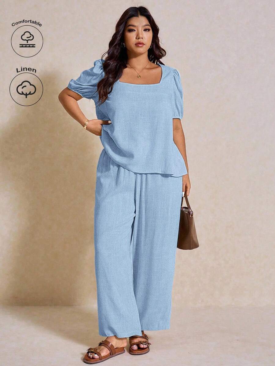 SHEIN Elaquor Plus Size Summer Casual Simple Short Sleeve Top And Pants 2 Pieces Set - Baby Blue - View 1