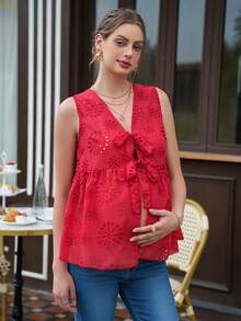 Momance Maternity Dress Sleeveless Deep V-Neck Front Tie Bow Design Open Front A-Line Hollow Embroidered Fabric Maternity Top Blouse For Women Casual Tops For Ladies Casual Blouses For Women Womens Cotton Tops Classy Tops For Women - Red - View 3