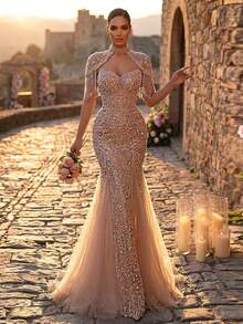 Glamrae Falda de sirena elegante y lujosa con parches de malla bordada con lentejuelas y perlas, con mangas con flecos, adecuada para bodas, fiestas, vacaciones, galas, vestidos de noche (muy adornada) - Champán - Ver 6