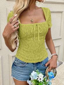 SHEIN LUNE Solid Color Textured Jacquard Square Neck Short Sleeve Mini Butterfly Decor Women T-Shirt, Spring/Summer,Summer Top - Green - View 6