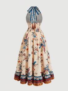 Flirla Plus Size V-Neck Halter Floral Print Elegant Retro Cute Maxi Dress For Women - Multicolor - View 2