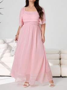 Solflare Plus Size Elegant Square Neck Ruffle Sleeve Waist Tie Dress, Summer - Pink - View 6