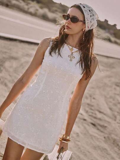 Easelle Women's White Sleeveless Embroidered Dress For Summer Vacation, Vest Style, White Resort/Beach Dress, Spring/Summer 2026