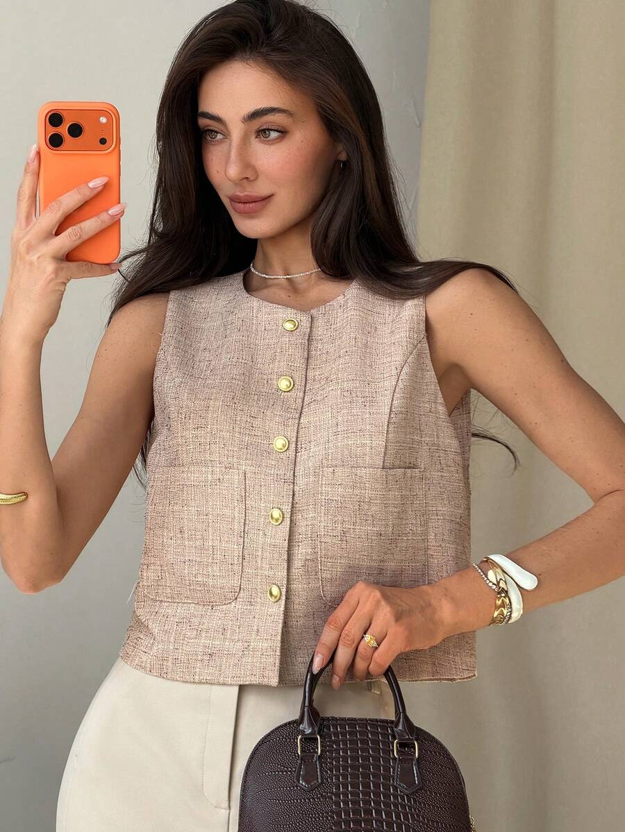 DAZY Solid Color Crew Neck Sleeveless Fitted Jacket For Women, Spring & Summer - Pink - View 1