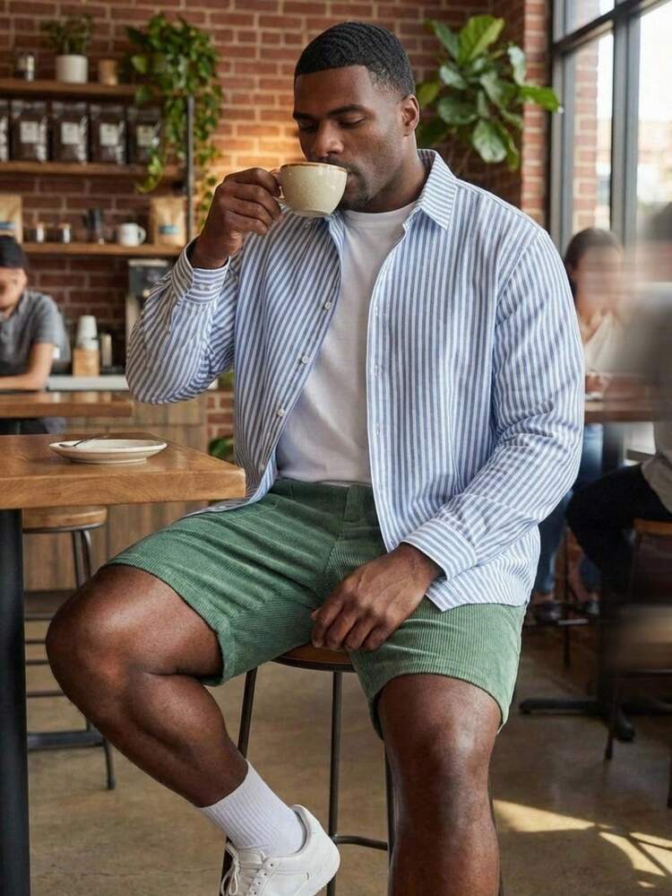 Blue & White Striped Long Sleeve Shirt For Plus Size Men, Autumn/Spring