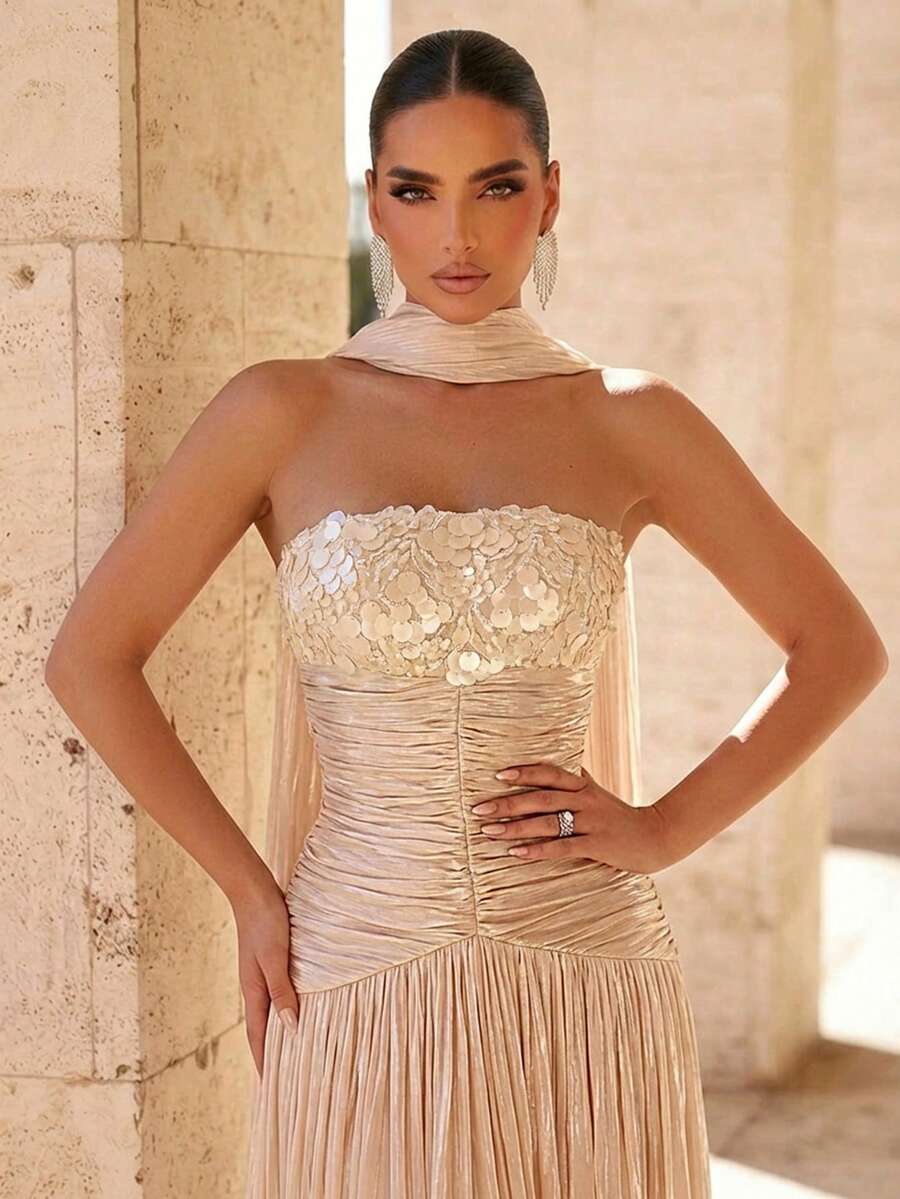 Glamrae Đầm cúp ngực màu mơ thanh lịch với họa tiết đính sequin 3D sang trọng, chân váy xếp ly xòe rộng (kèm dây buộc cổ có thể tháo rời), thích hợp cho các buổi hẹn hò, kỳ nghỉ, tiệc độc thân, đám cưới, đầm dạ hội dành cho nữ.