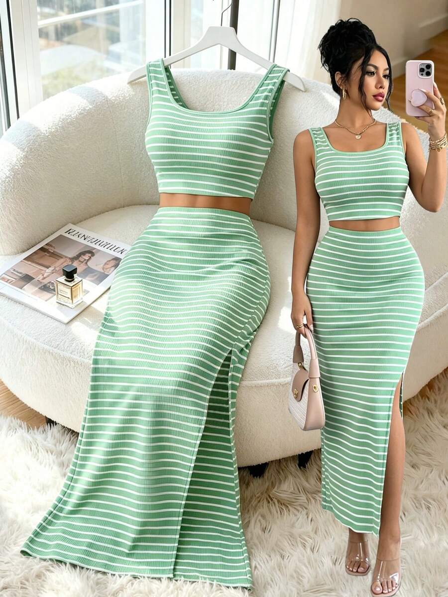 Flirla Women's Striped Square Neck Cropped Tank Top And Side Slit Fitted Mini Skirt 2 Pieces Set - Mint Green - View 1