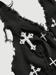 ROMWE Women's Vintage Dark Gothic Cross Pendant Sexy Plus Size Denim Blouse - Black - View 4