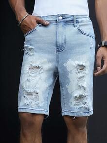 Manfinity EMRG Quần short denim nam màu xanh lam in họa tiết, phong cách đường phố thường ngày, rách rưới. - Rửa nhẹ - Xem 1