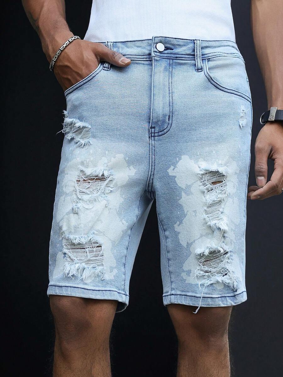 Manfinity EMRG Quần short denim nam màu xanh lam in họa tiết, phong cách đường phố thường ngày, rách rưới. - Rửa nhẹ - Xem 1