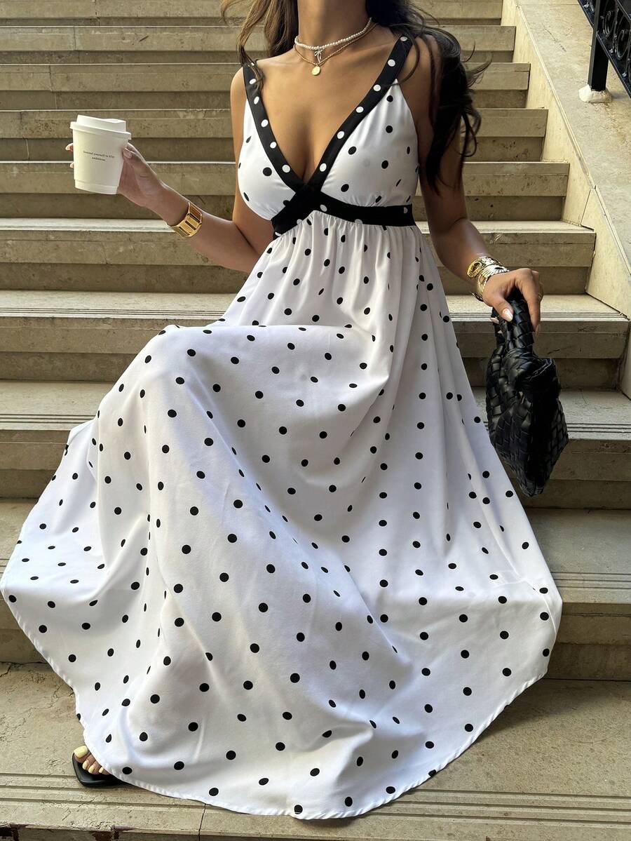 Pariaura Đầm slip cổ chữ V chấm bi thắt eo dành cho nữ - trắng - Xem 1