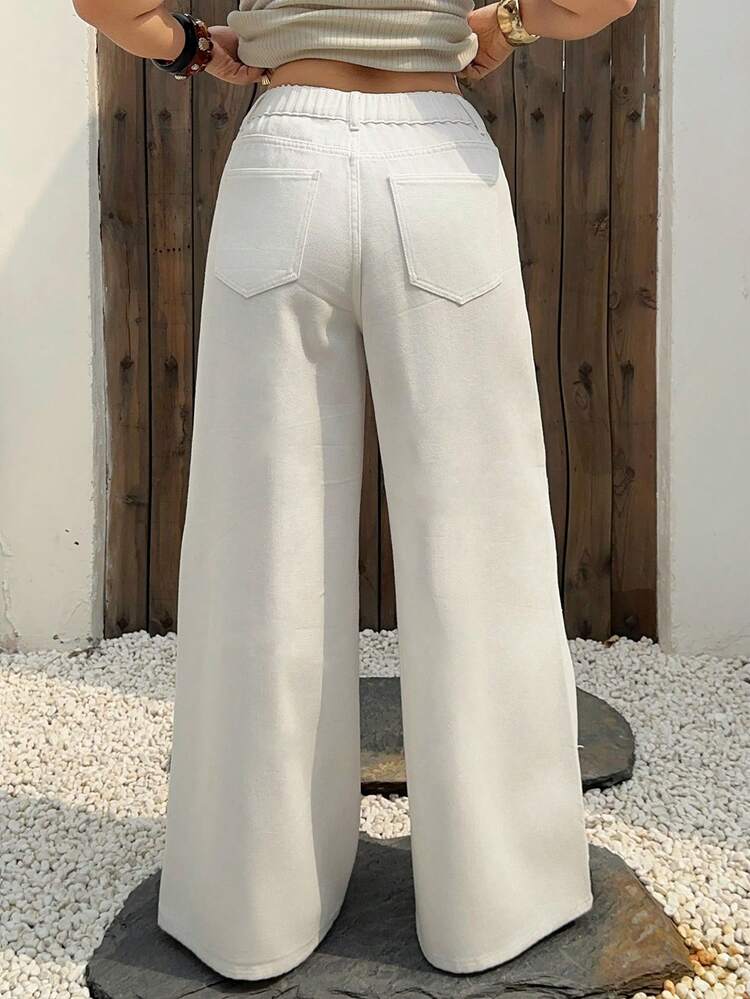 Dazy Plus Plus Size Casual White Wide Leg Jeans, Versatile For Spring, Summer, All Seasons