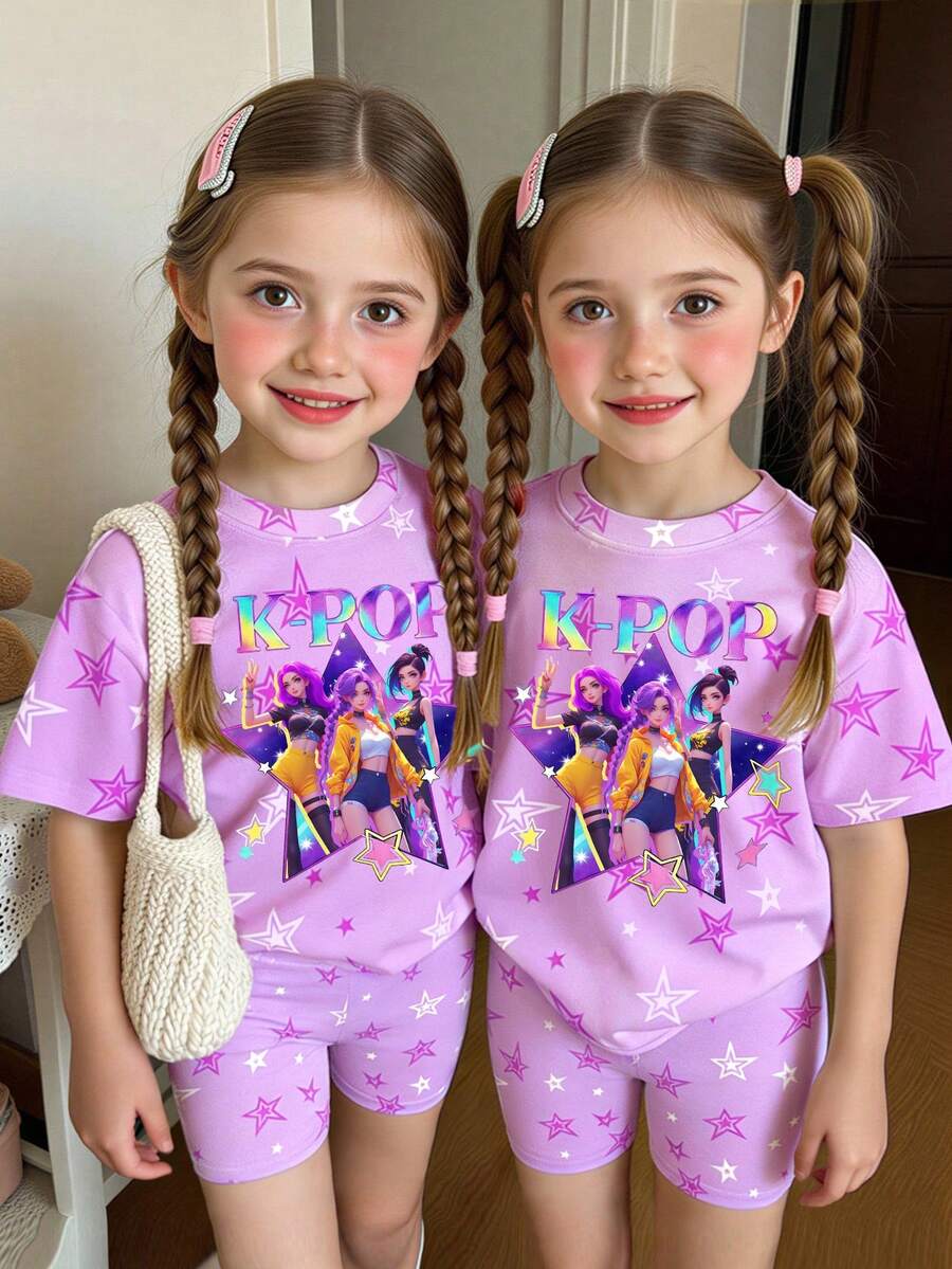 Elladie kids 春夏少女休闲时尚创意个性清新可爱白紫色五角星图案，虚拟少女团体彩色五角星图案字母标语印花休闲基础款短袖T恤和骑行短裤套装，舒适日常穿着，适合春、夏、秋季 - 彩色 - 查看 1