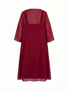 Ellevyn Plus Size Women's Solid Color 3/4 Sleeve Robe And Rhinestone Decor Robe Elegant Set - Burgundy - View 7