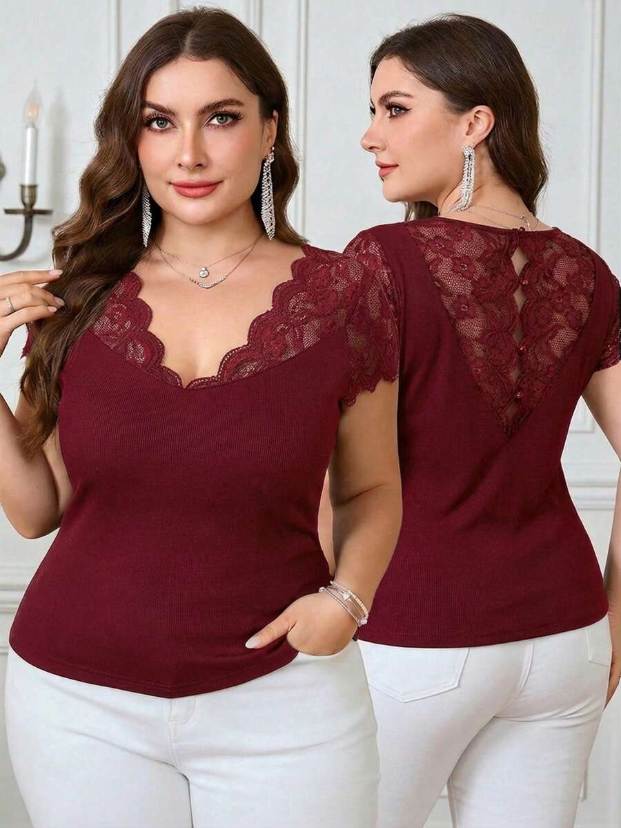 SHEIN Clasi Plus Size Women's Elegant Contrast Lace Solid Color V-Neck Slim Fit T-Shirt, Summer - Burgundy - View 1