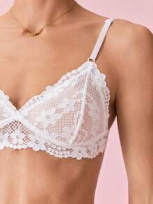 性感透视深 V 蕾丝无钢圈文胸套装，露背，透气优雅，女士内衣 - 白色 - 查看 8