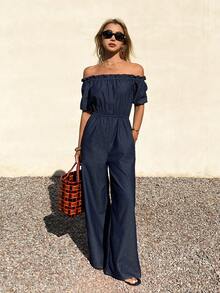 DAZY Bộ jumpsuit denim nữ màu trơn thanh lịch, chất liệu denim bạc màu, kiểu dáng trễ vai, có bèo nhún, thích hợp cho mùa xuân/hè. - Rửa trung bình - Xem 8